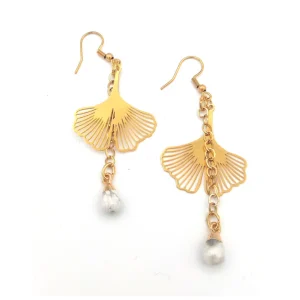Boucles-oreilles-feuille-Ginko-et-perle-Pierre-naturelle-creation-Calysta