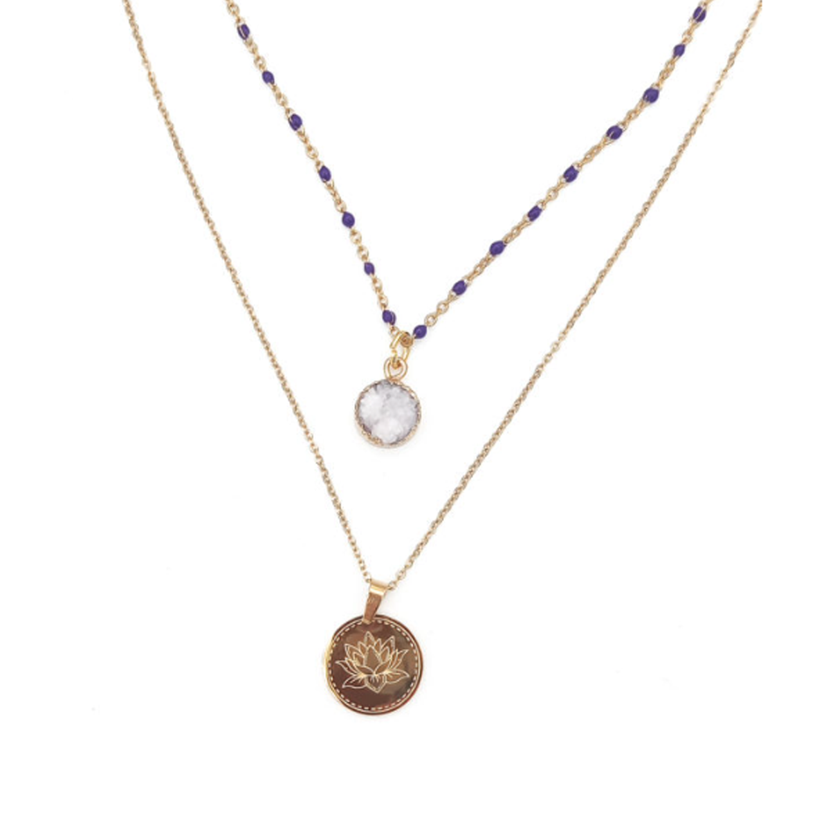 Collier-Femme-double-rang-Sandie-Bleu-Calysta Collier-femme-double-rangs-acier-dore-perles-fines-et-pierre-naturelle-Calysta